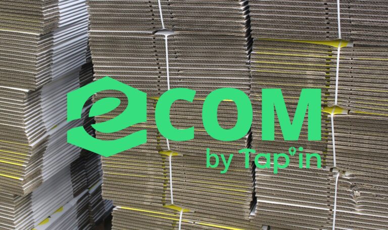 Ecom by Tap'in logo over stacked boxes